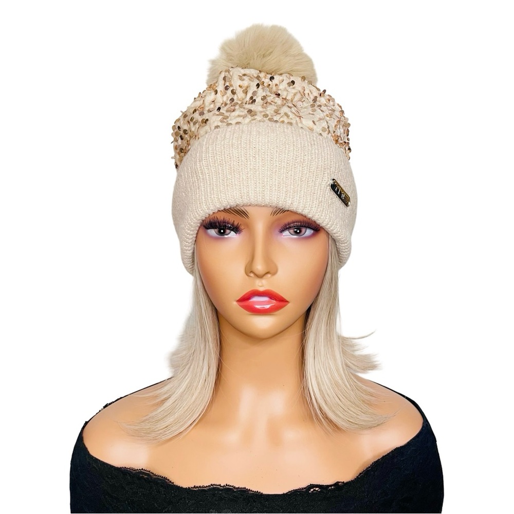 Chic Sequin-Embellished Knit Beige Beanie with Pom-Pom - Picture 1 of 4